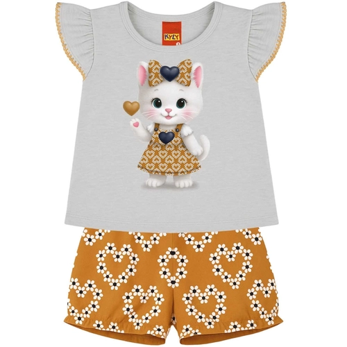 Conjunto Manga Curta Kyly Infantil Feminino Gatinho Com Shorts Em Cotton 1/3