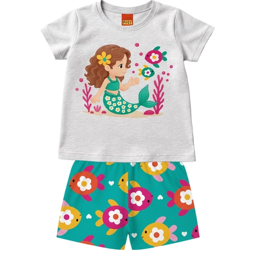 Conjunto Manga Curta Kyly Infantil Feminino Sereia Com Shorts Em Cotton 1/3