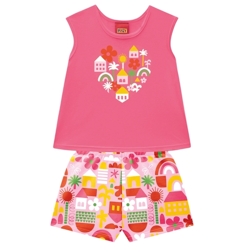 Conjunto Regata Kyly Infantil Feminino Casinhas Com Short Em Cotton 4/8