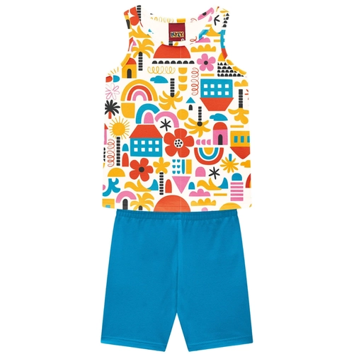 Conjunto Regata Kyly Infantil Feminino Com Bermuda Flores E Urbano Em Cotton 4/8