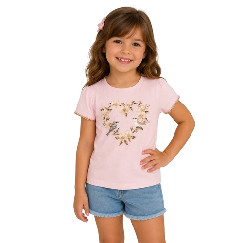 Blusa Manga Curta Milon Infantil Feminina Flores Em Cotton 4/8