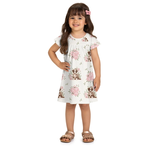 Vestido Manga Curta Milon Infantil Feminino Flores Em Cotton 1/3
