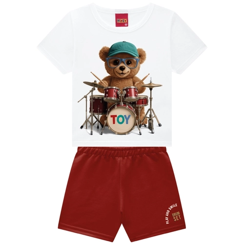 Conjunto Manga Curta Kyly Infantil Masculino Ursinho Baterista Em Cotton 1/3