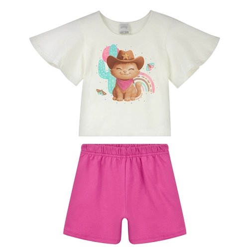 Conjunto Manga Curta Alakazoo! Infantil Feminino Gatinho Cowboy Em Algodão 4/10