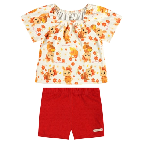 Conjunto Manga Curta Kamylus Baby Feminino Bichinhos Em Favinhos Pique P/G