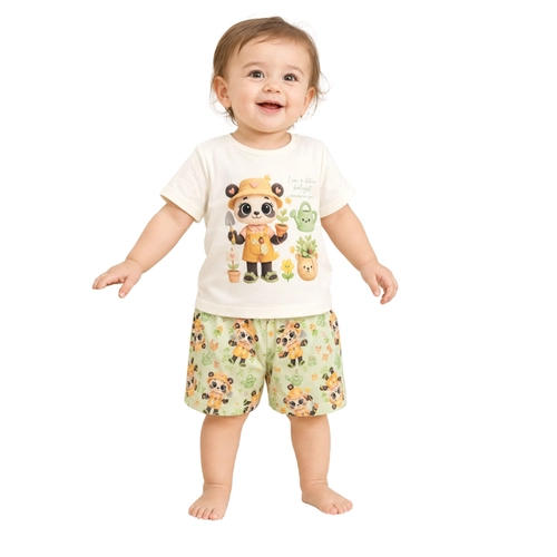 Conjunto Manga Curta Kamylus Infantil Feminino Bichinhos Em Malha Tchibum E Moletom 1/3