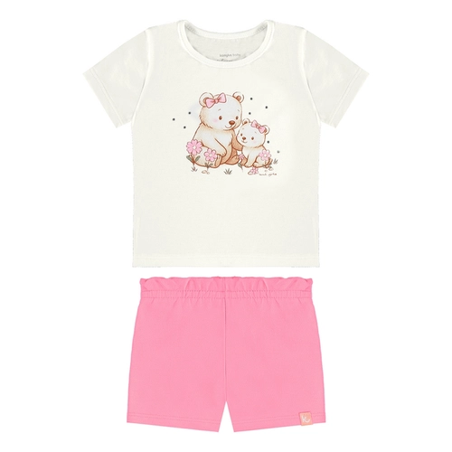 Conjunto Manga Curta Kamylus Baby Feminino Mamãe Ursinha Em Malha Penteada P/G