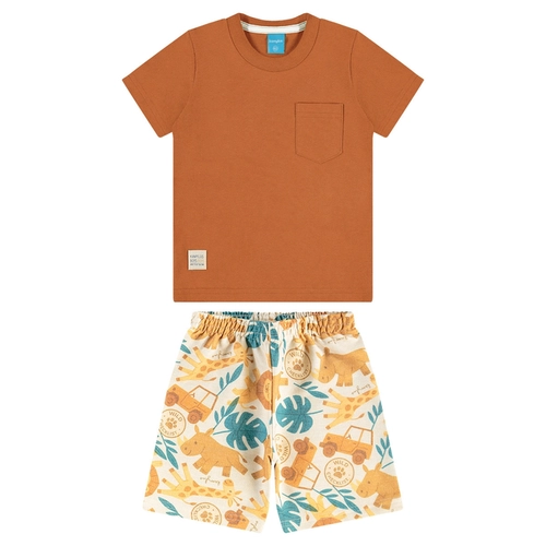 Conjunto Manga Curta Kamylus Infantil Masculino Animaizinhos Em Meia Malha Penteada 1/3