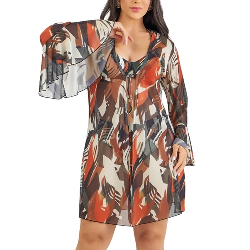 Saída de Praia Banho De Mar Adulto Kimono Com Amarração Estampada Em Tule