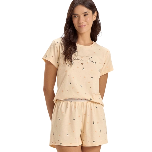 Pijama Manga Curta Cor Com Amor Feminino Adulto "Paris" Em Malha Comfort