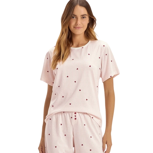 Pijama Manga Curta Cor Com Amor Feminino Adulto Com Calça Listras E Corações Malha Comfort