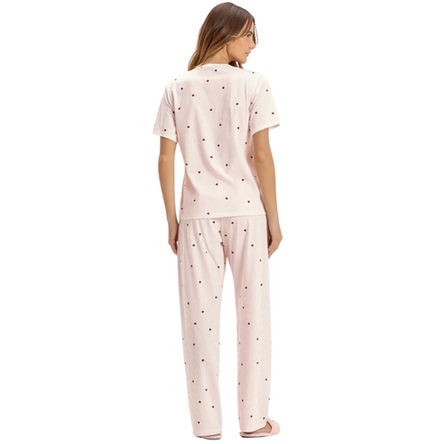 Pijama Manga Curta Cor Com Amor Feminino Adulto Com Calça Listras E Corações Malha Comfort