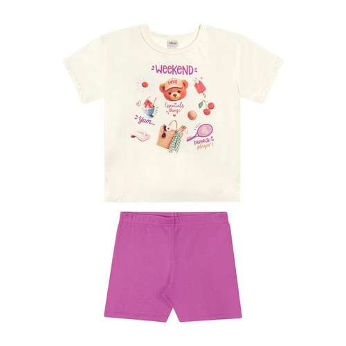 Conjunto Manga Curta Elian Juvenil Feminino Blusa "Weekend" E Bermuda Cotton Canelado
