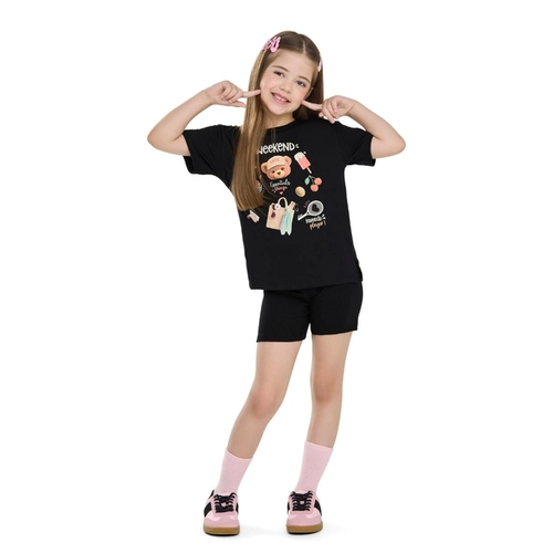 Conjunto Manga Curta Elian Juvenil Feminino Blusa "Weekend" E Bermuda Cotton Canelado