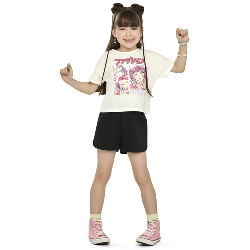 Conjunto Manga Curta Elian Juvenil Feminino Blusa Estampas Variadas E Shorts Moletinho