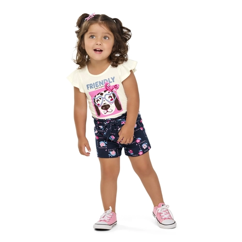 Conjunto Manga Curta Elian Infantil Feminino Blusa Dog E Shorts Estampado Meia Malha 1/3