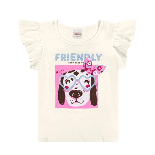 Conjunto Manga Curta Elian Infantil Feminino Blusa Dog E Shorts Estampado Meia Malha 1/3