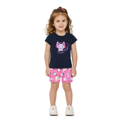 Conjunto Manga Curta Elian Infantil Feminino Blusa E Shorts Estampados Meia Malha 1/3