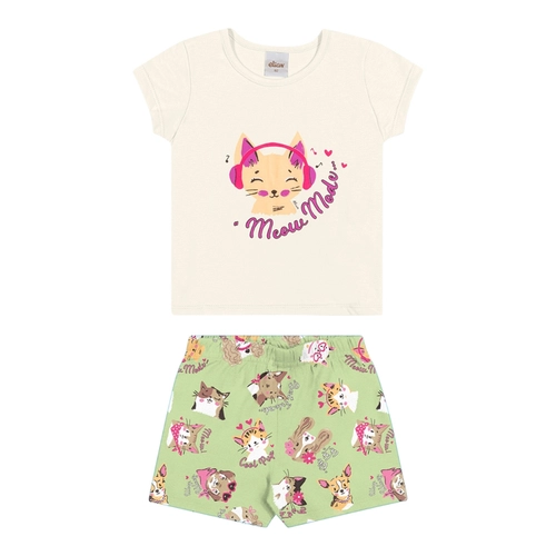 Conjunto Manga Curta Elian Infantil Feminino Blusa E Shorts Estampados Meia Malha 1/3