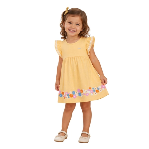 Vestido Manga Curta Elian Infantil Flores Em Cotton Leve 1/3