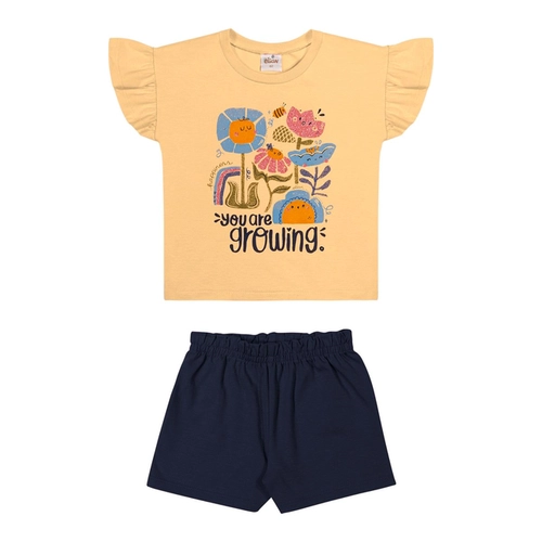 Conjunto Manga Curta Elian Infantil Feminino Blusa Estampada E Shorts Meia Malha 4/8
