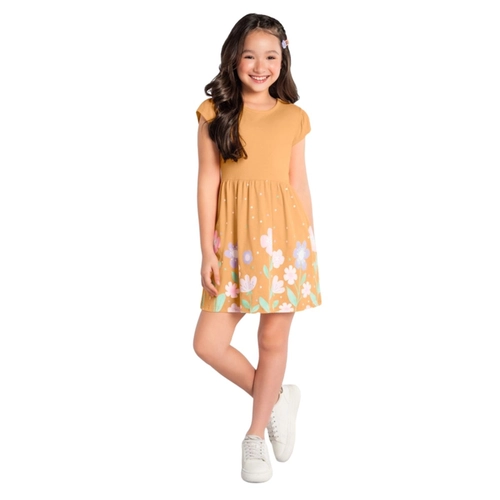 Vestido Manga Curta Brandili Infantil Flores Em Meia Malha Algodão 4/10