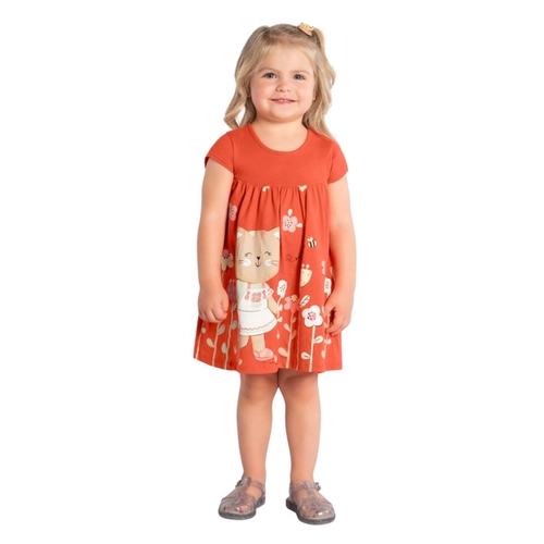 Vestido Manga Curta Brandili Infantil Gatinha Em Meia Malha Algodão 1/3