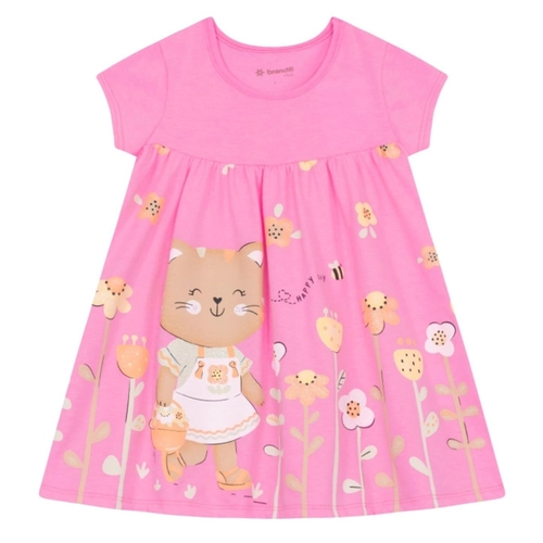 Vestido Manga Curta Brandili Infantil Gatinha Em Meia Malha Algodão 1/3